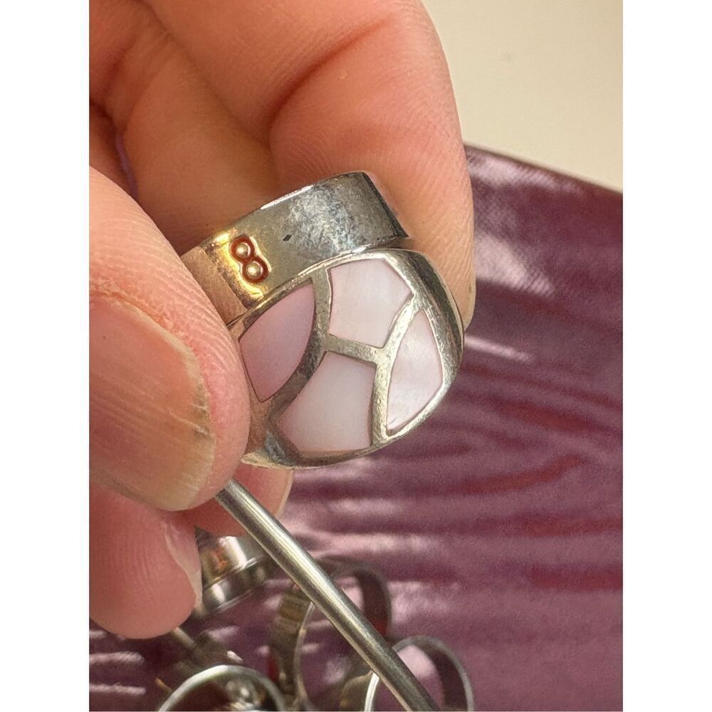 Vintage STERLING SILVER PINK MOTHER OF PEARL STONE Inlay SIZE 8 - Picture 9 of 9